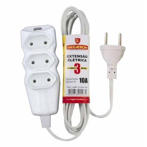 Extensão 10A 3 Tomadas 2 Pinos 3 Metros Branco 97 Megatron - UN