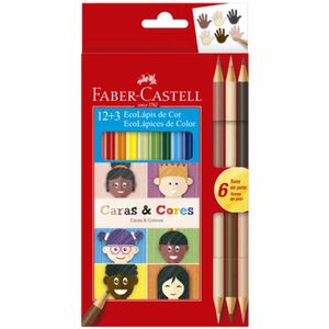 Lápis Cor com 12 Cores + 3 Caras & Cores Sextavado Madeira 0112 Faber-castell - EST
