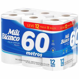 Papel Higiênico Bianco 60 metros Folha Simples L12P11 Mili - 12RL
