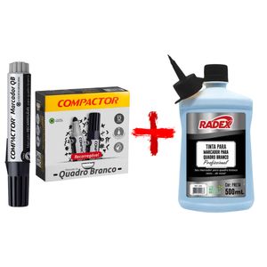 Kit 12 Pincel Marcador para Quadro Branco Recarregável Preto + Refil Tinta para Marcador Quadro Branco Preto 500ml Radex