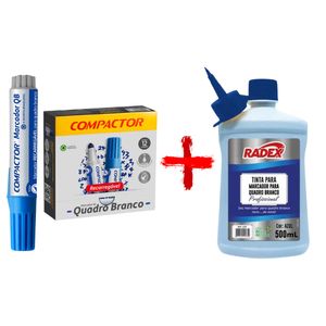 Kit 12 Pincel Marcador para Quadro Branco Recarregável Azul + Tinta para Marcador Quadro Branco Azul 500ml Radex