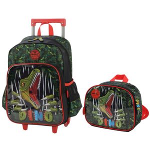Kit Mochila de Rodinhas + Lancheira Térmica Dino Vermelho