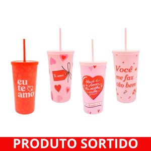 Copo Plástico 650ml com Canudo Coração FJ90692 Fwb - UN