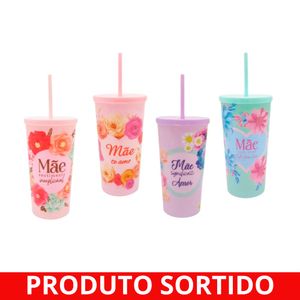 Copo Plástico 650ml com Canudo Floral FJ90691 Fwb - UN